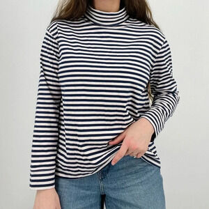 minimalist 100% cotton striped mockneck longsleeve top white navy blue size m